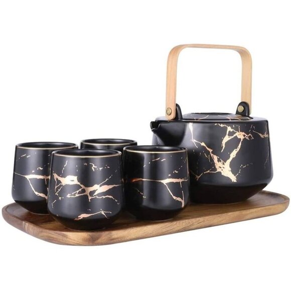 Black Marble Tea Service Set - Large Ceramic Tea